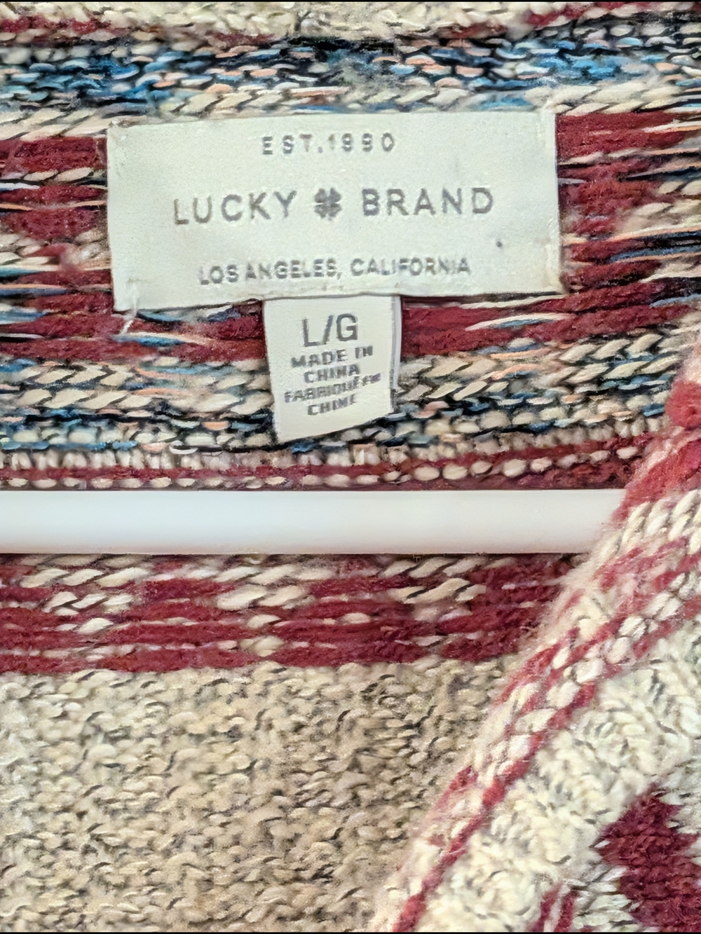 Lucky Brand Cream Hooded Cardigan with Red & Blue Geometric Pattern - Picture 3 of 10